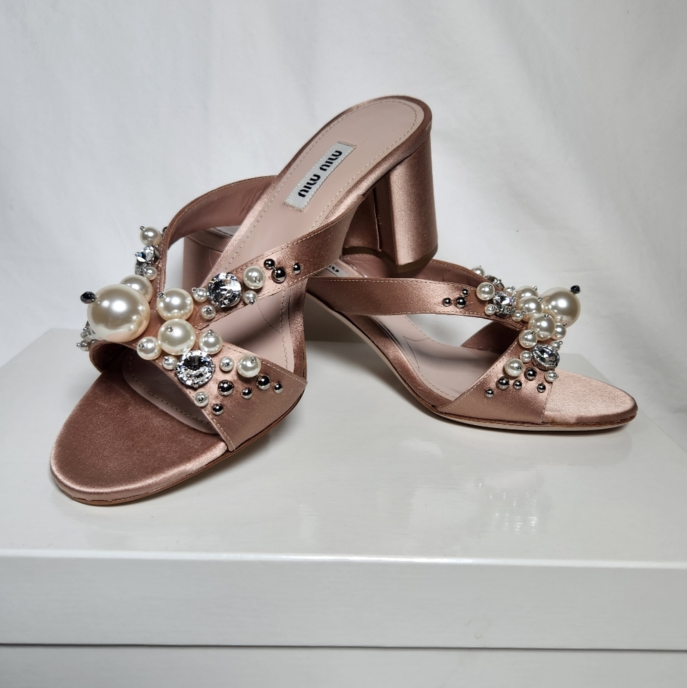 Miu Miu Jeweled Satin Block-Heel Mule Sandal Sz 37 NEW